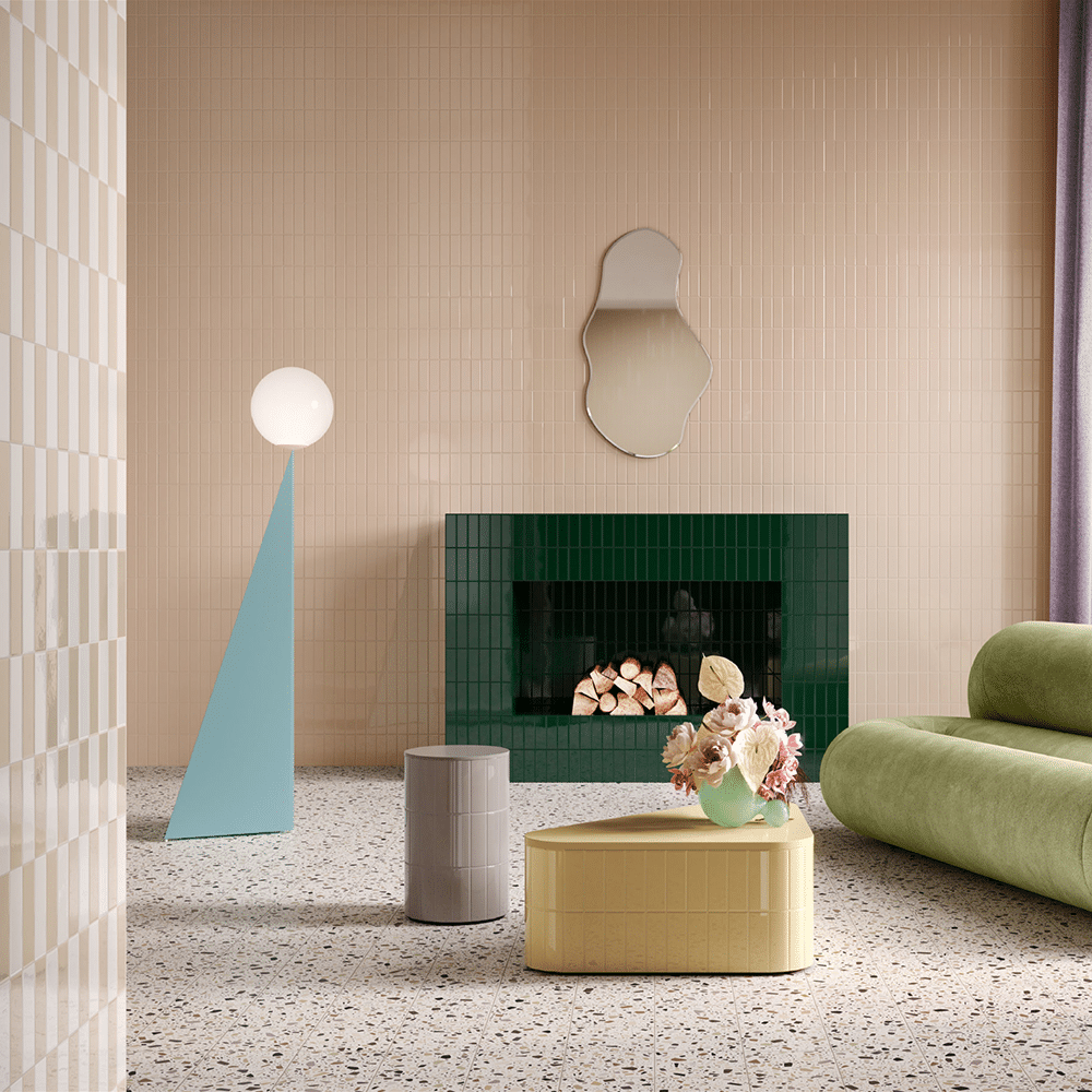 Block vægflisen i farverne Smeraldo, Sabbia, Cenere, Bianco og Champagne