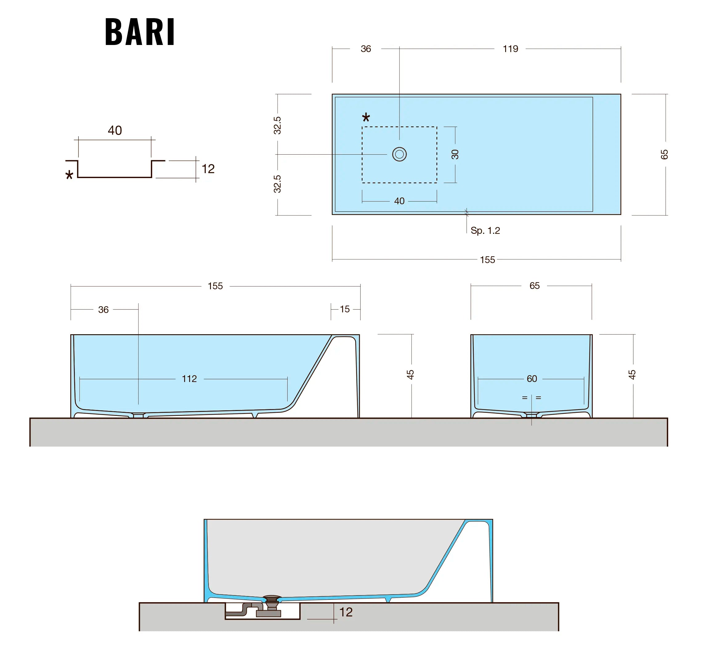 Bari - On wall badekar - 155×65