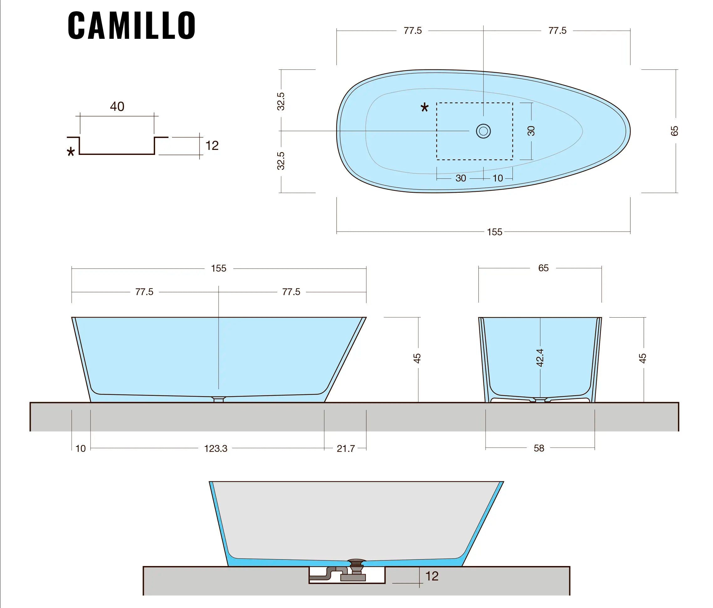 Camillo - Fritstående badekar - 155×65