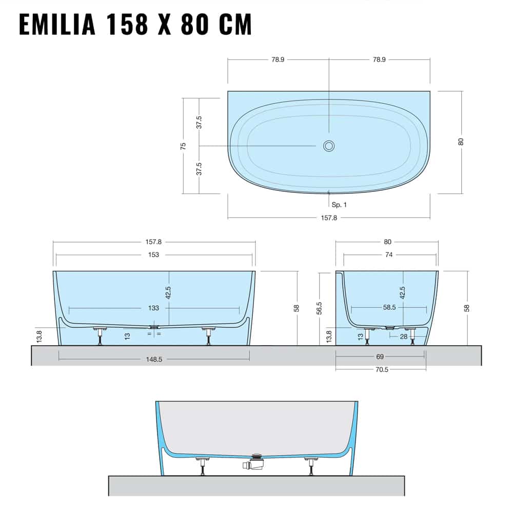 Emilia - On wall badekar - 158×80cm