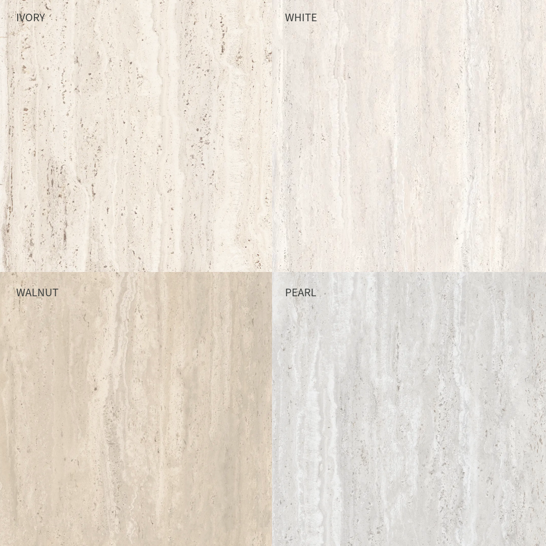 Travertin og naturstenslook i varmer nuancer. Keramisk og praktisk