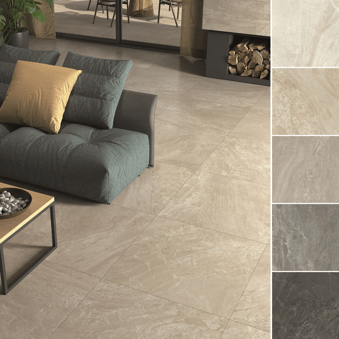 plaza fliseserie til gulv og væg i naturstenslook. Eksklusiv flise til køkken, badeværelse eller stue.