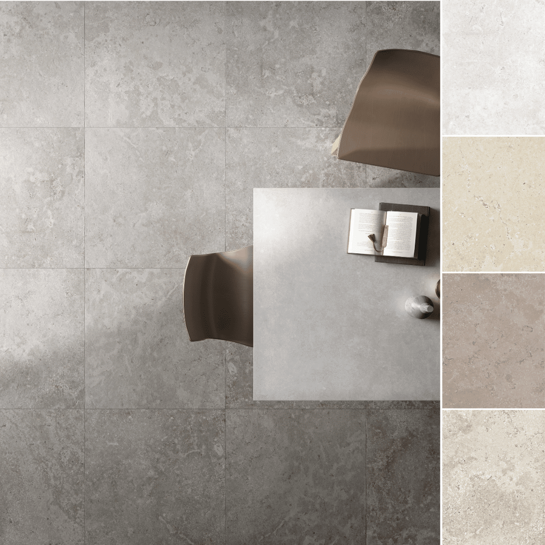 Times fliseserie til gulv og væg i naturstenslook. Eksklusiv flise til køkken, badeværelse eller stue. 4 farver.