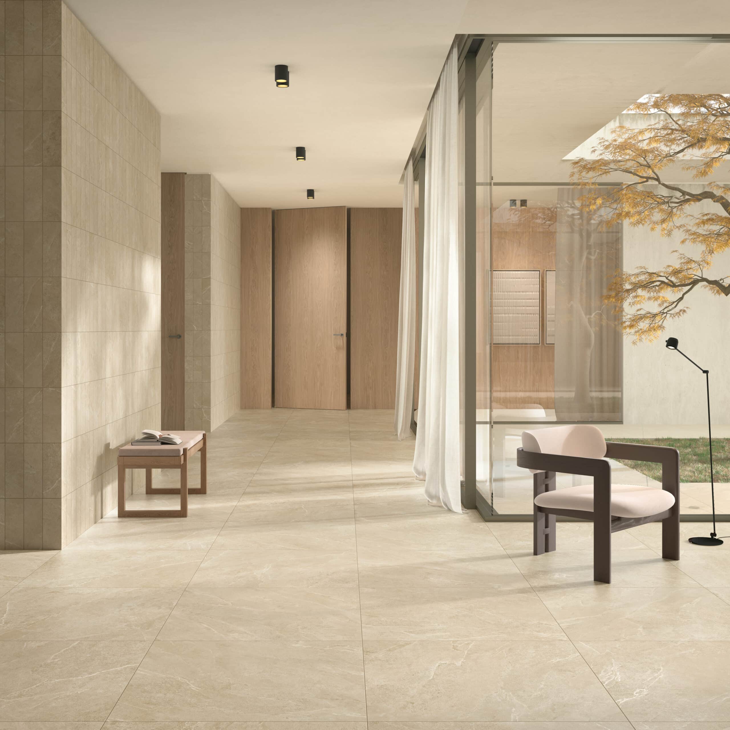 Trust fliseserie til gulv og væg i naturstenslook. Eksklusiv flise til køkken, badeværelse eller stue.