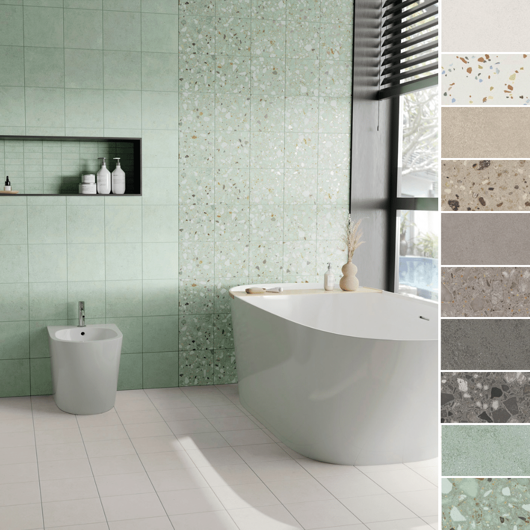 Andy flisen i farven Green med Plain og Terrazzo overflade