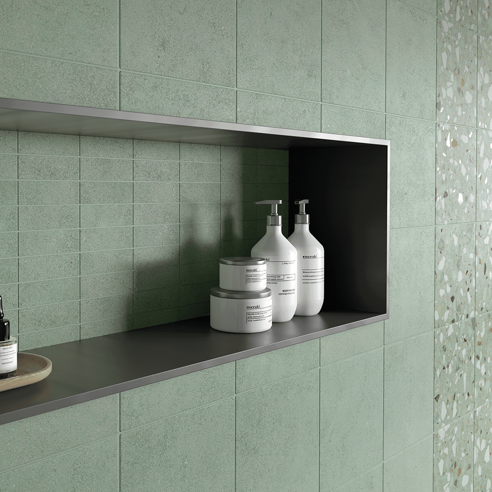 Andy flisen i farven Green med Plain og Terrazzo overflade