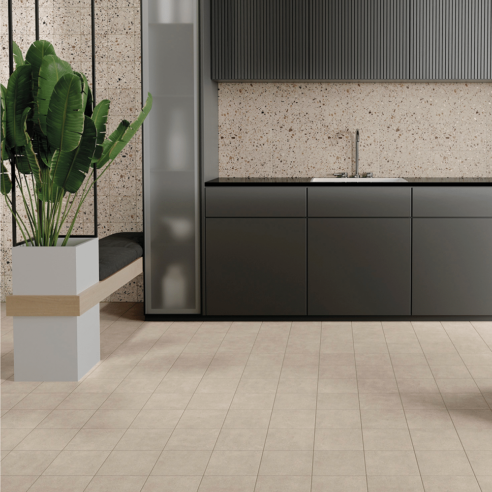 Andy flisen i farven Beige med Plain og Terrazzo overflade