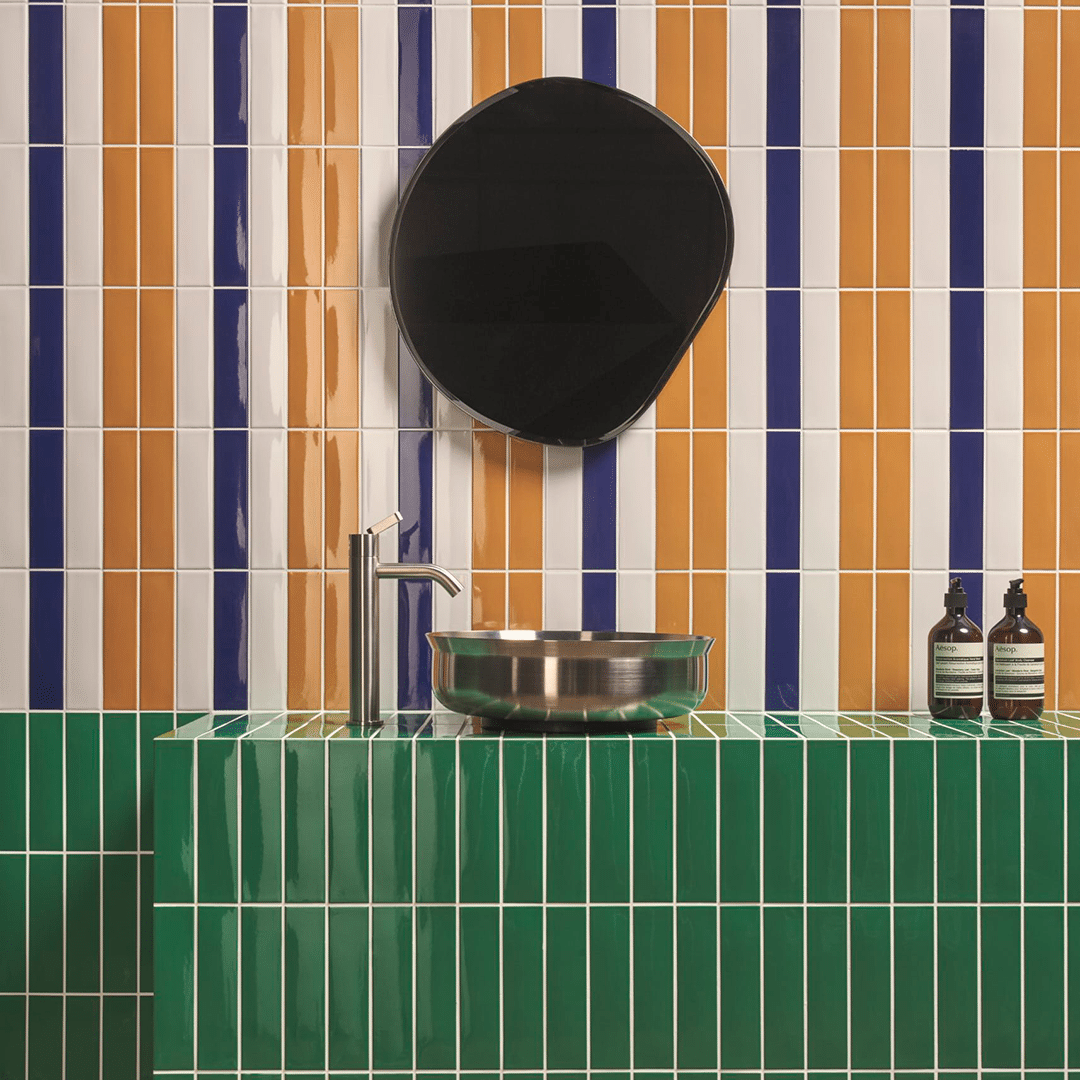 App flisen i farverne Green, Mustard, White og Ocean