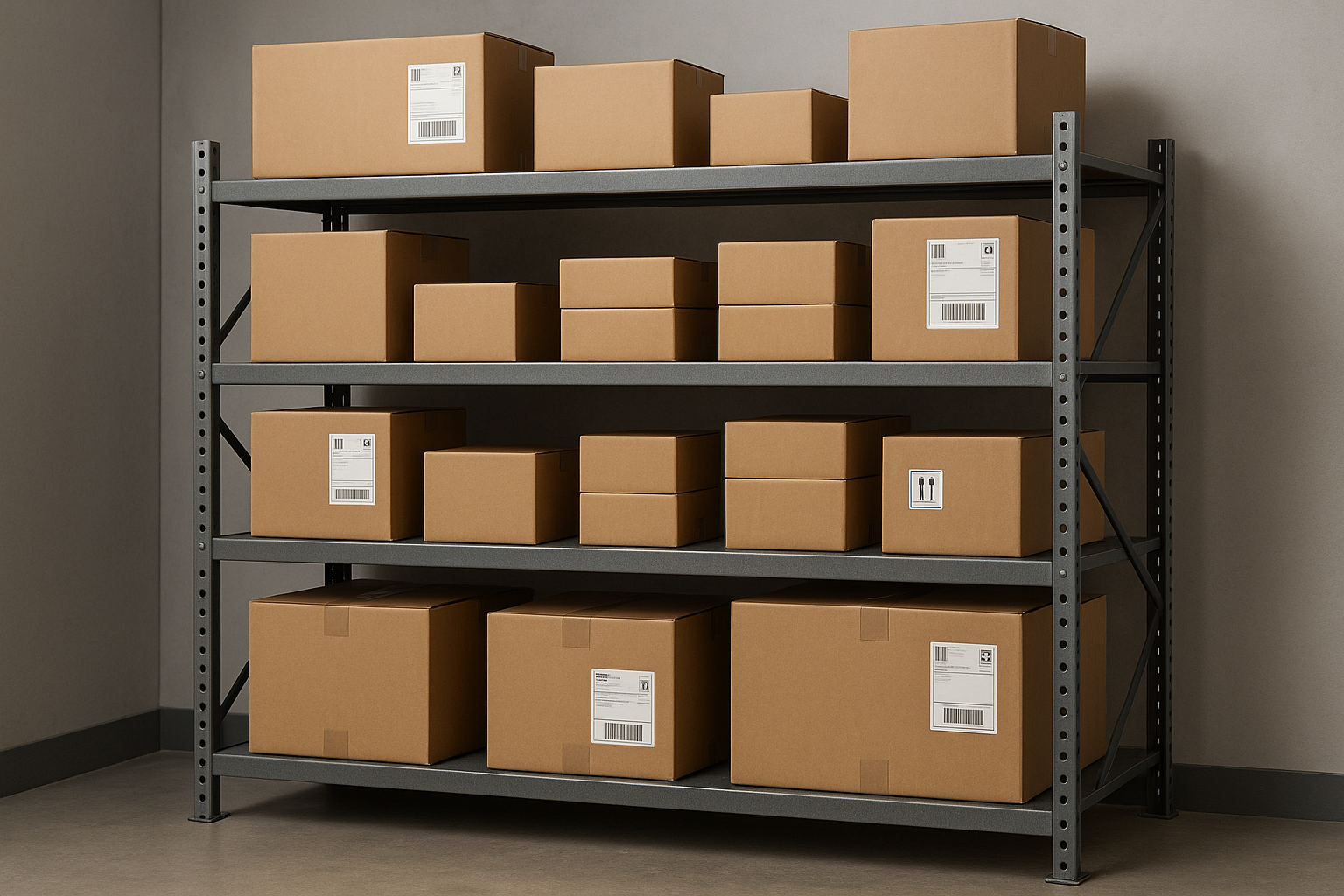 Generate a storage shelf with a few big packages on it