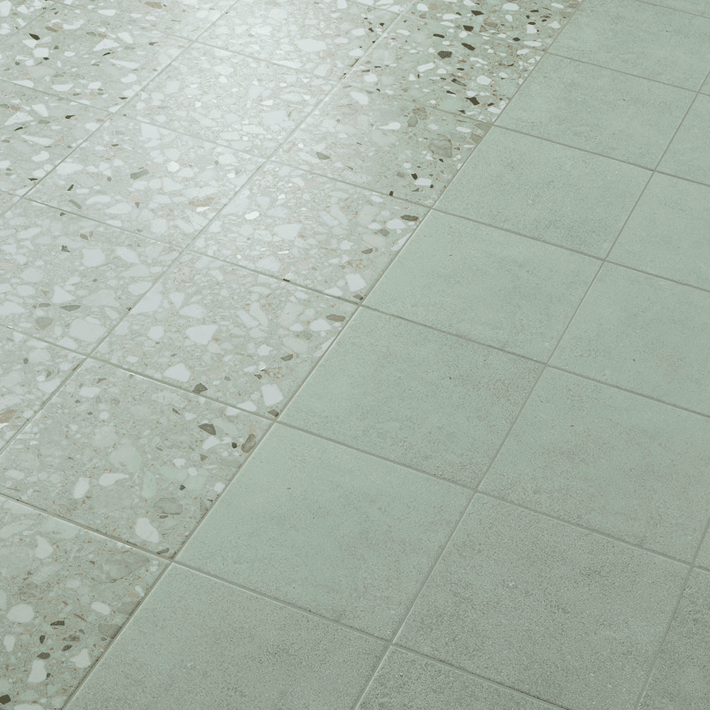 Andy flisen i farven Green med Plain og Terrazzo overflade