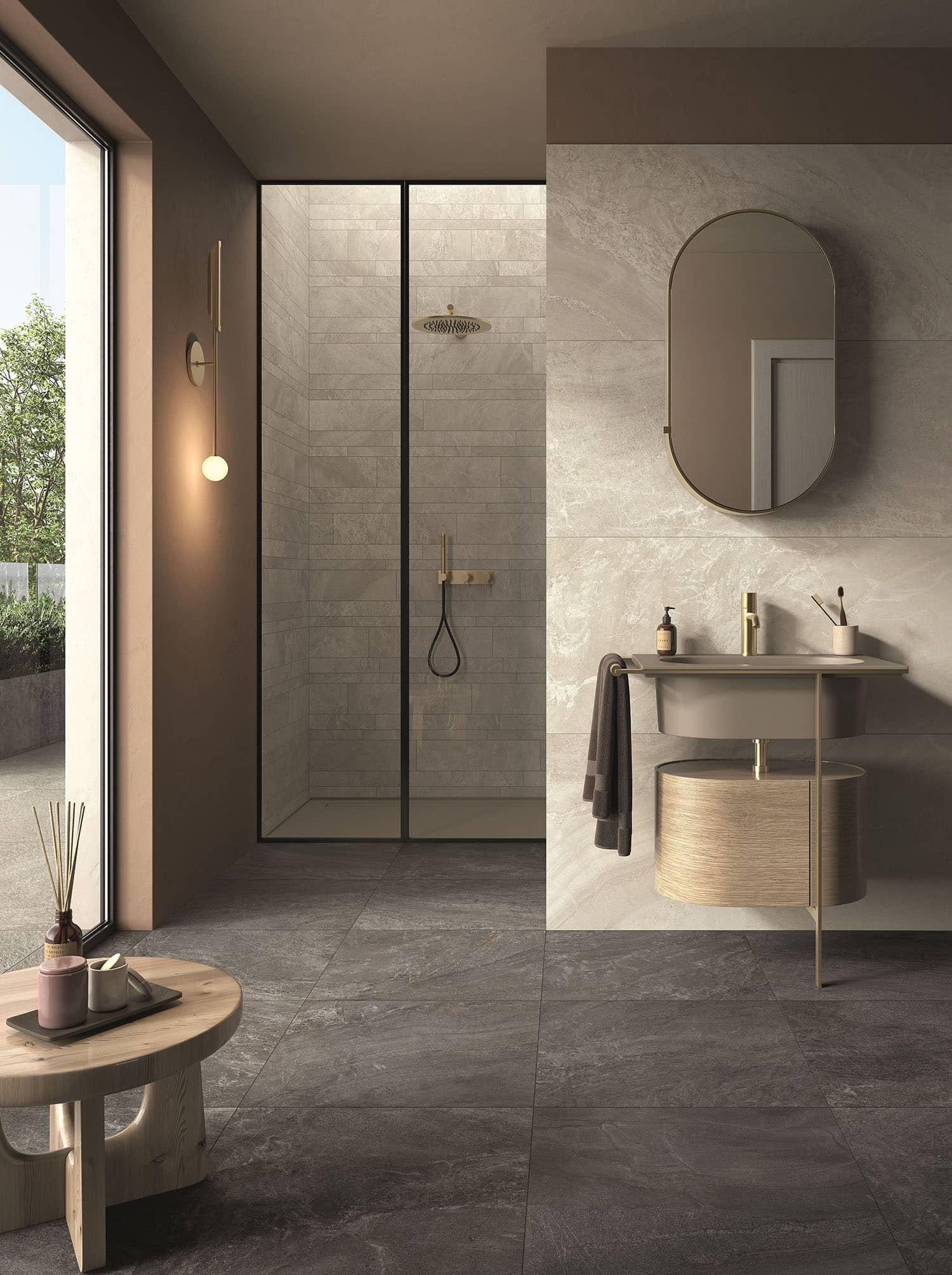 plaza fliseserie til gulv og væg i naturstenslook. Eksklusiv flise til køkken, badeværelse eller stue.