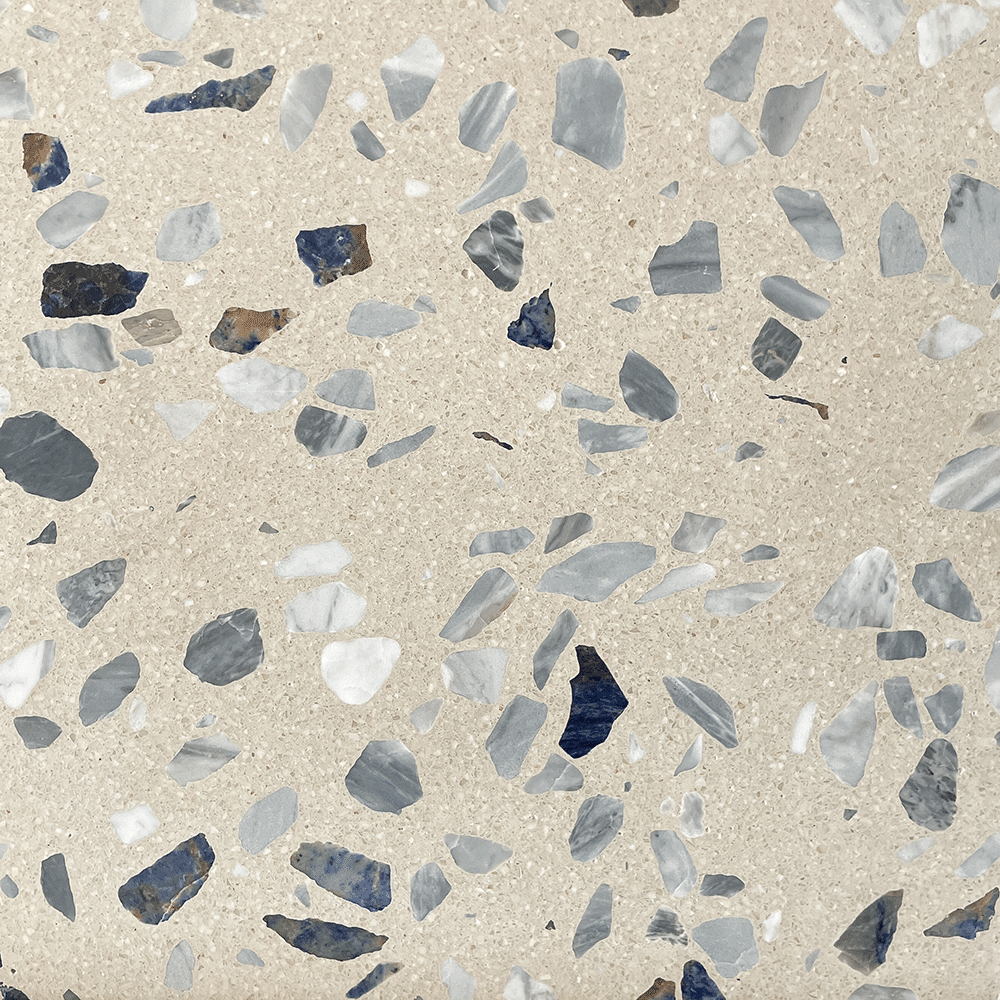 Terrazzo Raw 030 med blå sten Sokkelkant