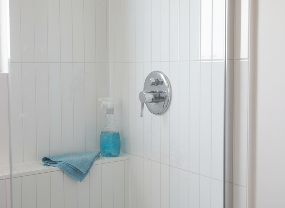 Badeværelsesfliser med kalkbelægning ved bruser