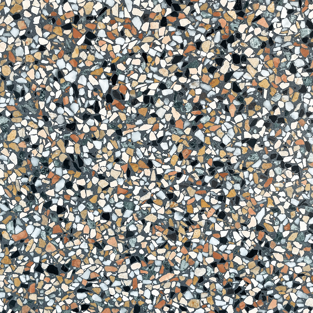 Terrazzo 8810 med mørkt, grønt og orange mix Sokkelkant