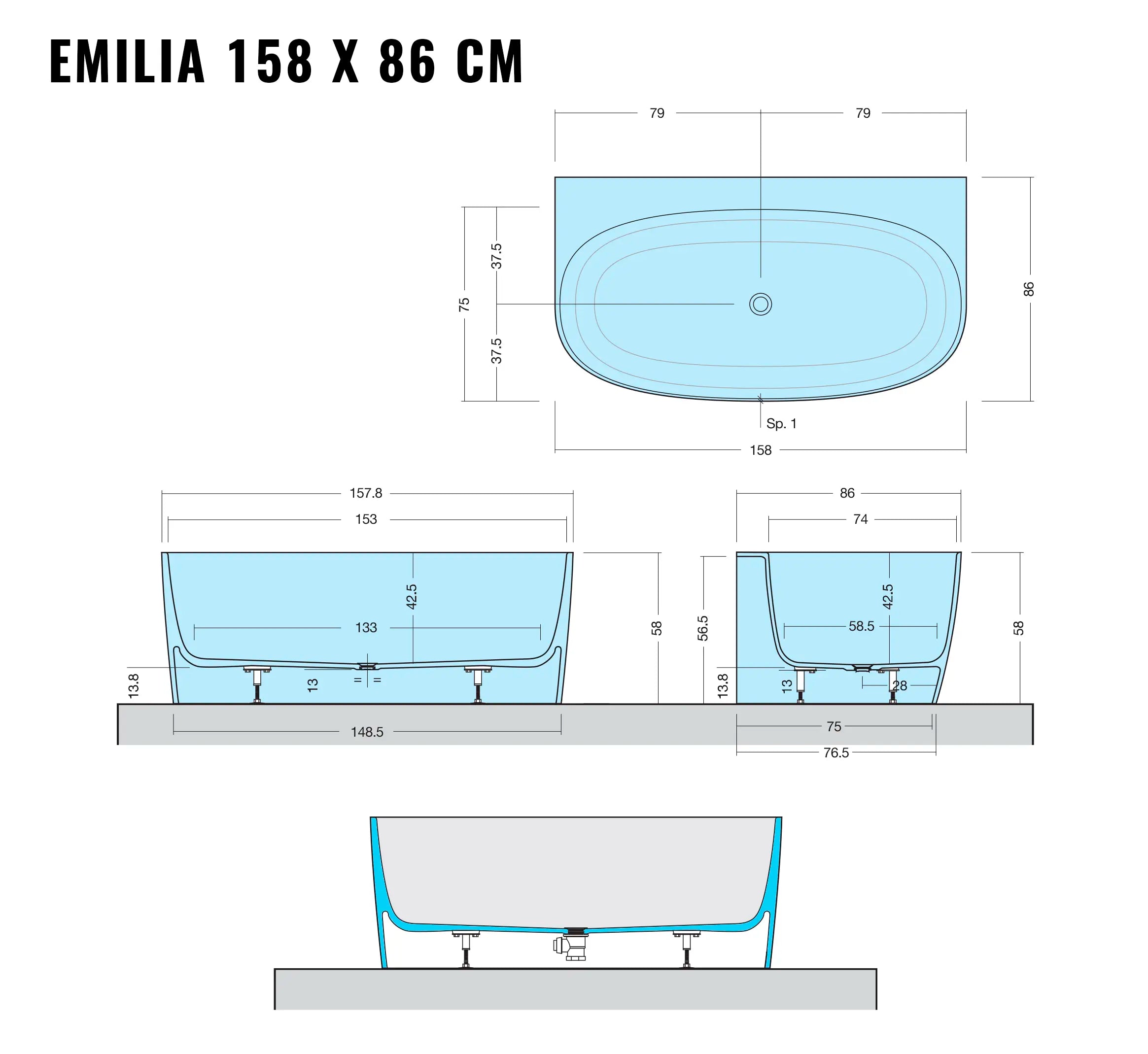 Emilia - On wall badekar - 158×86